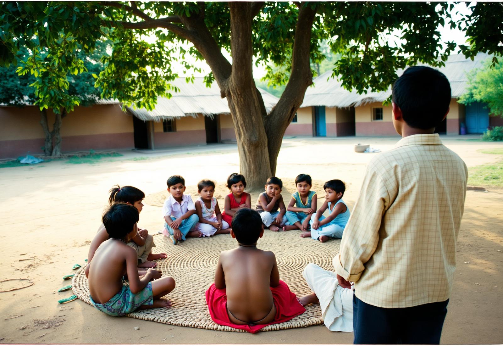 Children sitting in a circle under a tree